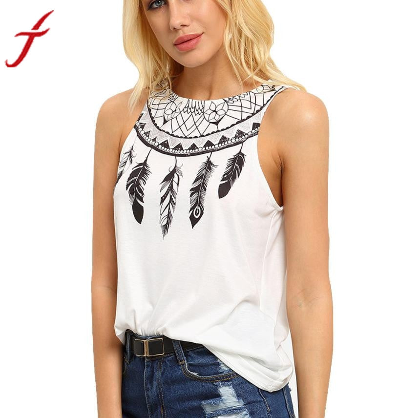 Fashion White Shirt 2017 Women Casual Summer Sleeveless Feather Printed Shirts Round neck Top female T-shirt Tank Tops#LSN